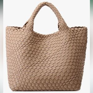 Vegan leather woven tote in beige, with small pouch.